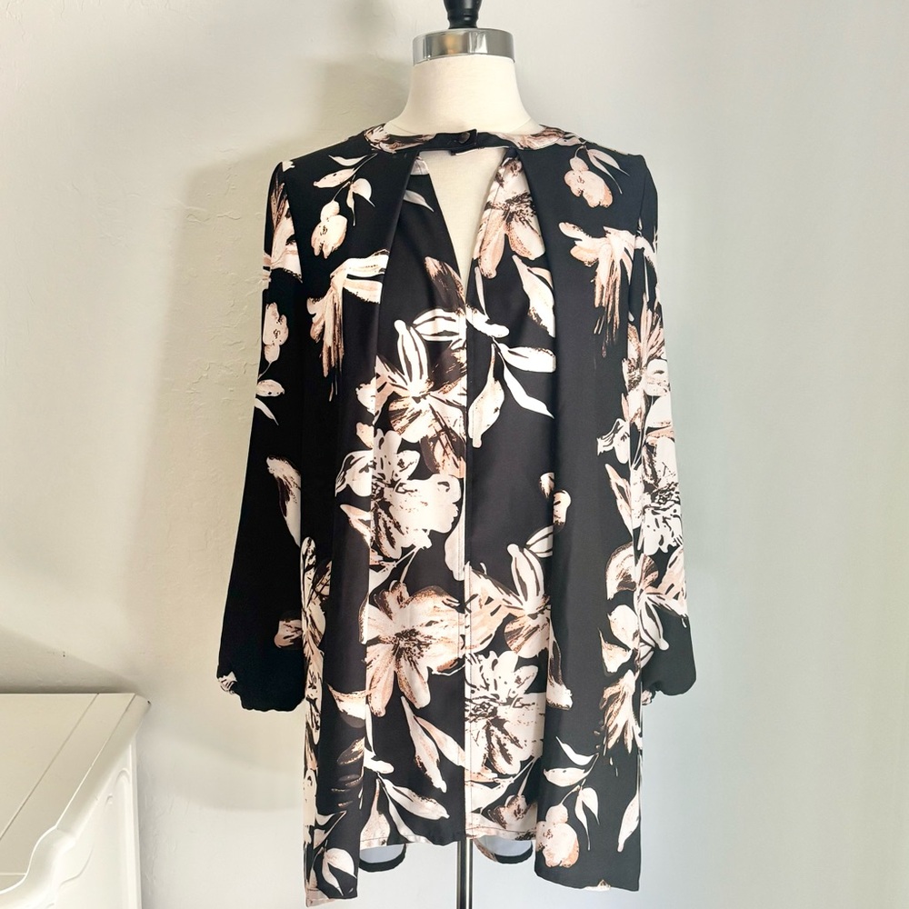 Black & Beige Large Floral Print Long Sleeve Keyhole Front Tunic Top, Large